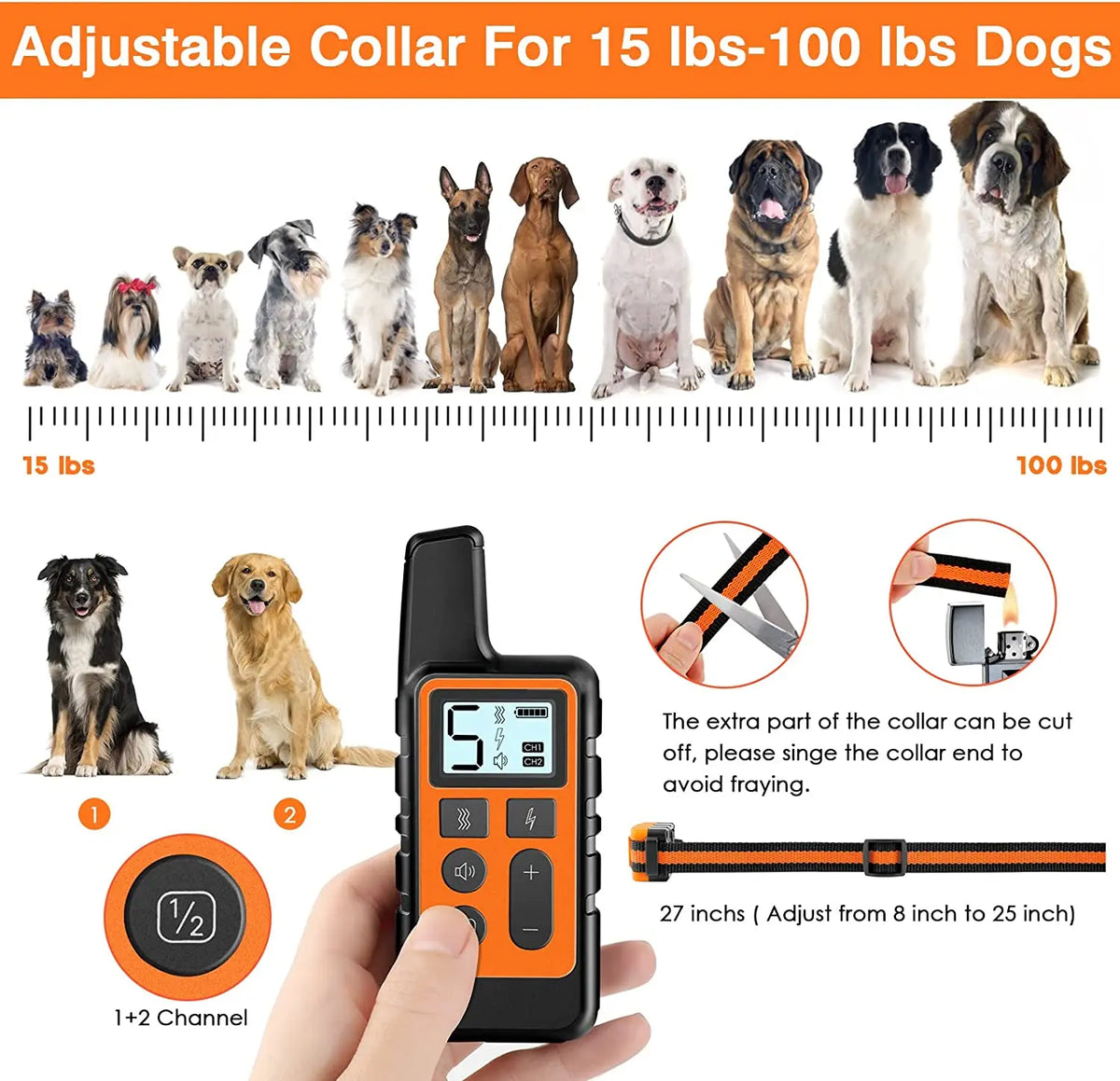 Adjustable collar for dogs shown next to various dog breeds and a handheld training device