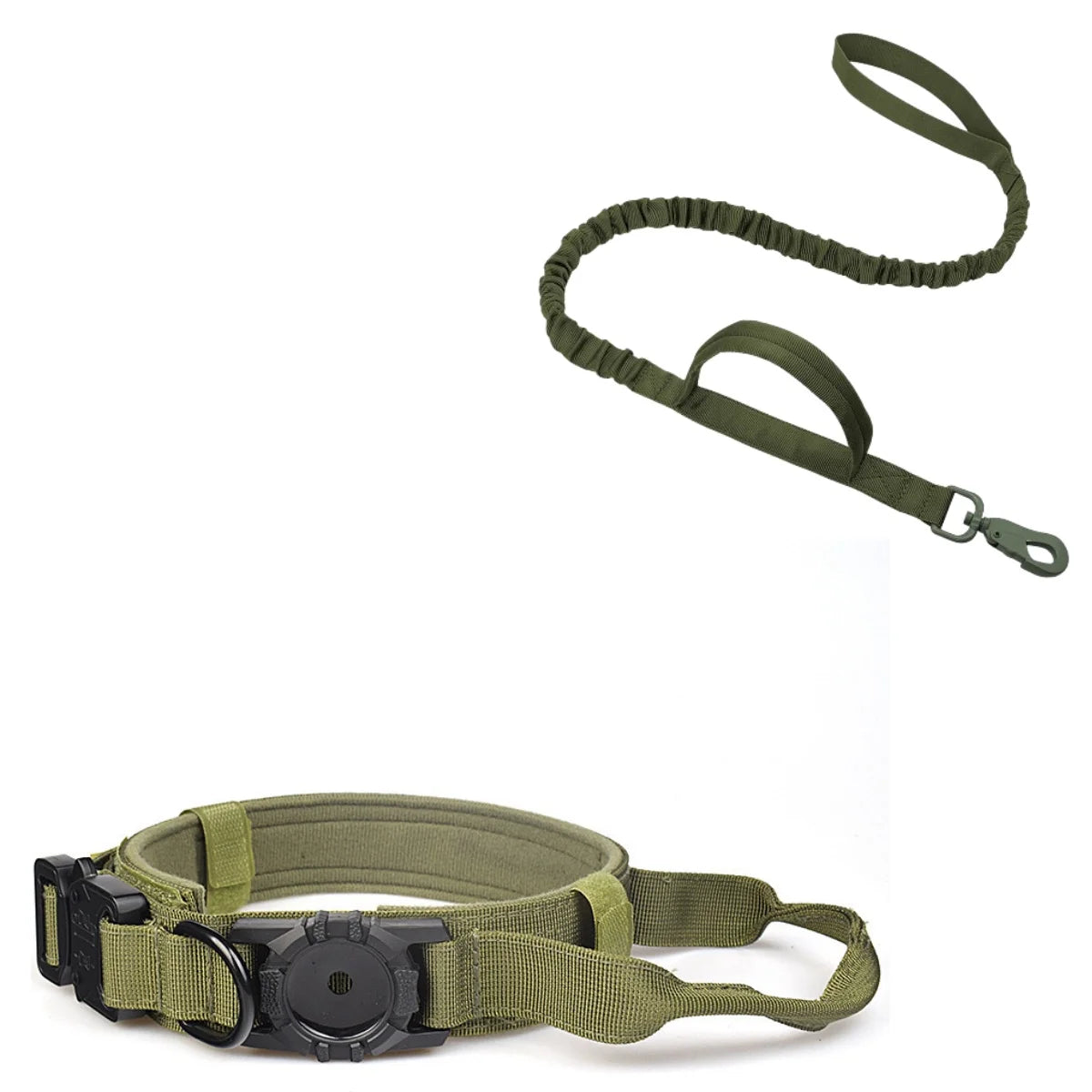 Olive green tactical dog GPS collar with an attached AirTag holder and strap.