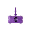 Dispensador portátil de bolsas para mascotas en forma de hueso morado con clip de remolque.