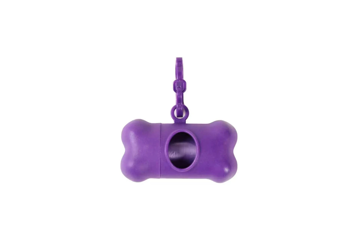 Dispensador portátil de bolsas para mascotas en forma de hueso morado con clip de remolque.