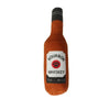 An orange bottle-shaped squeaky plush dog toy labeled Bourbon Whiskey 75cl 40% vol