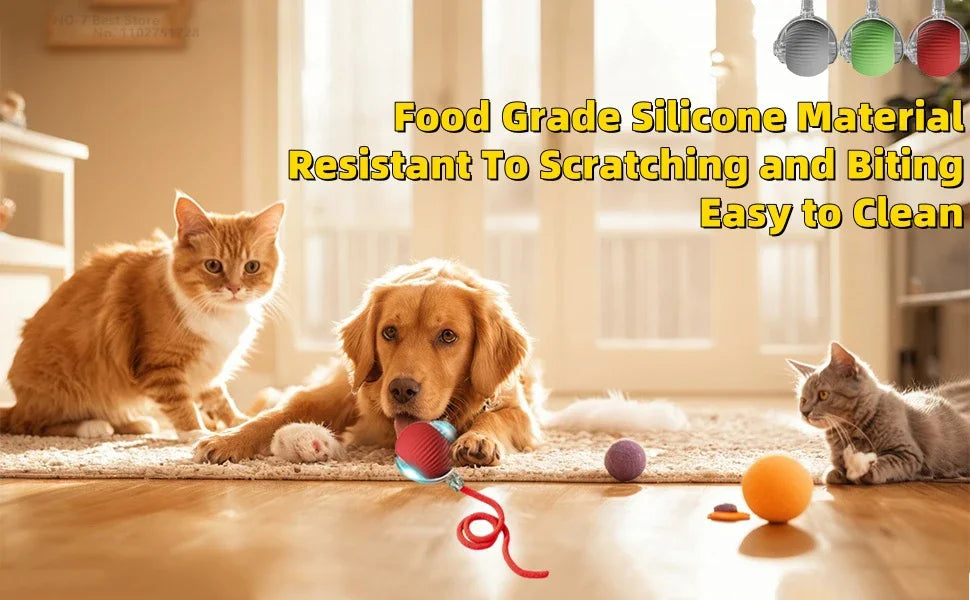 A golden retriever and a tabby cat are interacting with a silicone cat toy on a wooden floor.