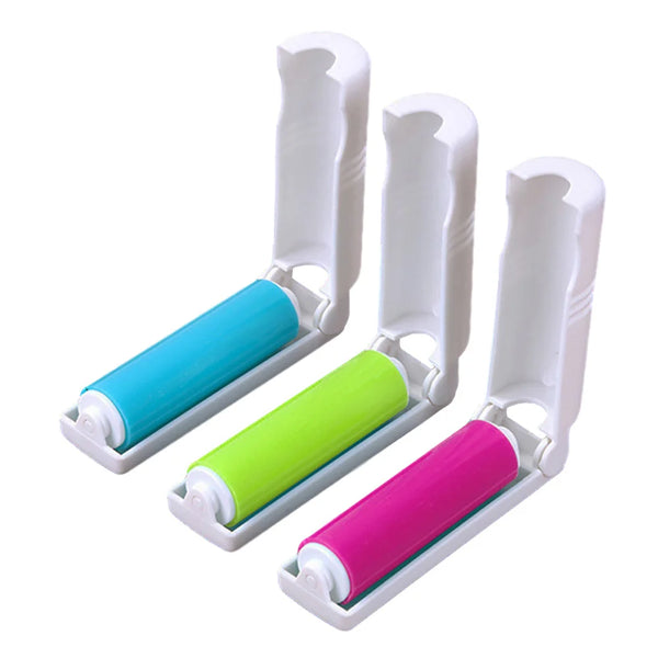 Three reusable washable lint rollers in blue, lime green, and pink for pet hair and dust