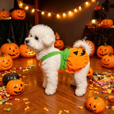 Un chien blanc et duveteux en costume de citrouille orange, debout sur un plancher en bois entouré de petites citrouilles.