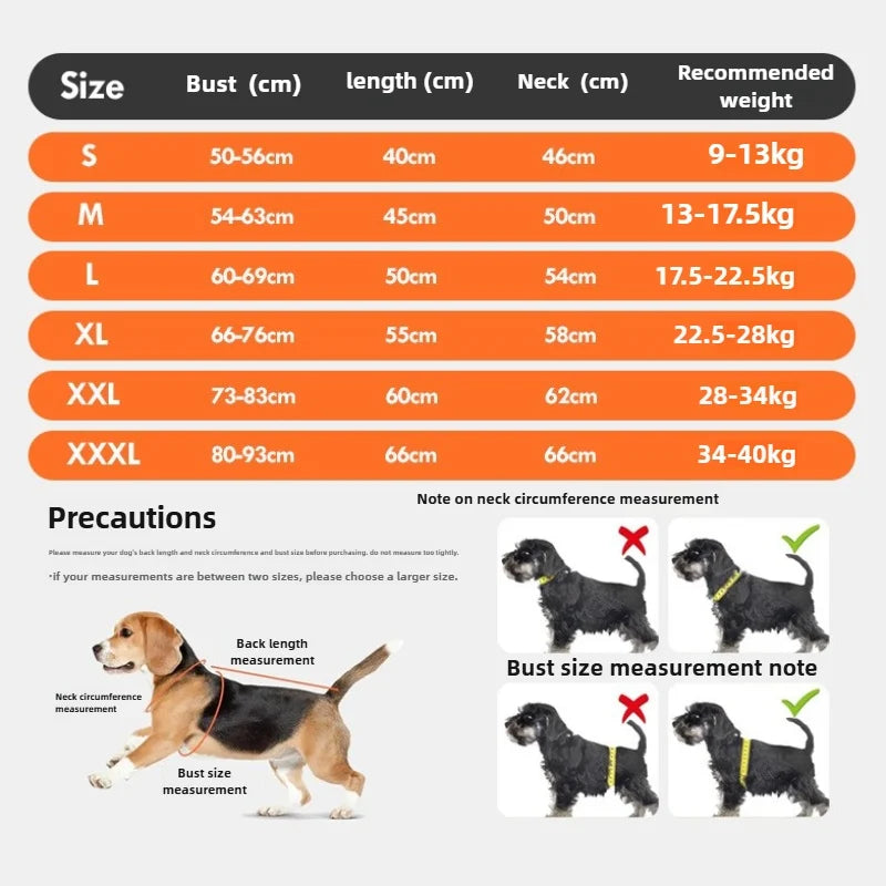 A size chart for a reflective waterproof dog raincoat showing measurements for various sizes S through XXXL.