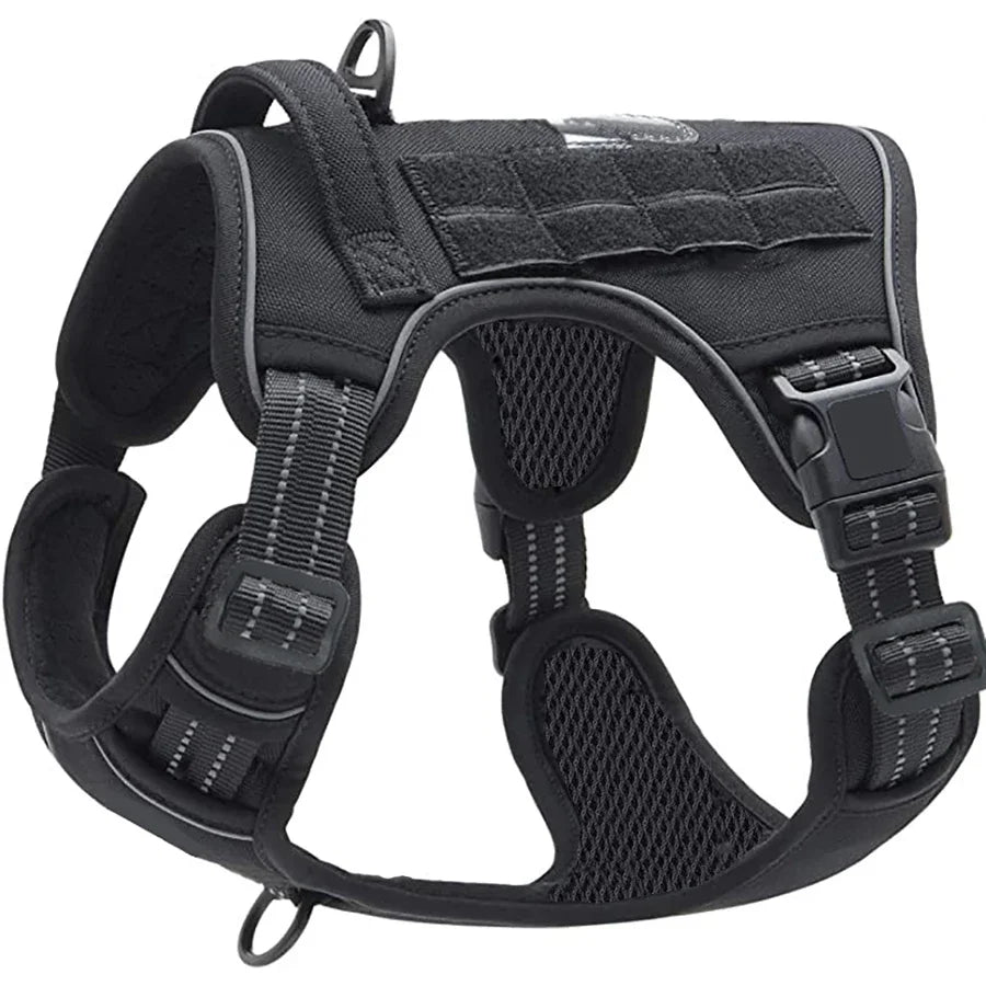 Black durable tactical dog harness designed for secure control.