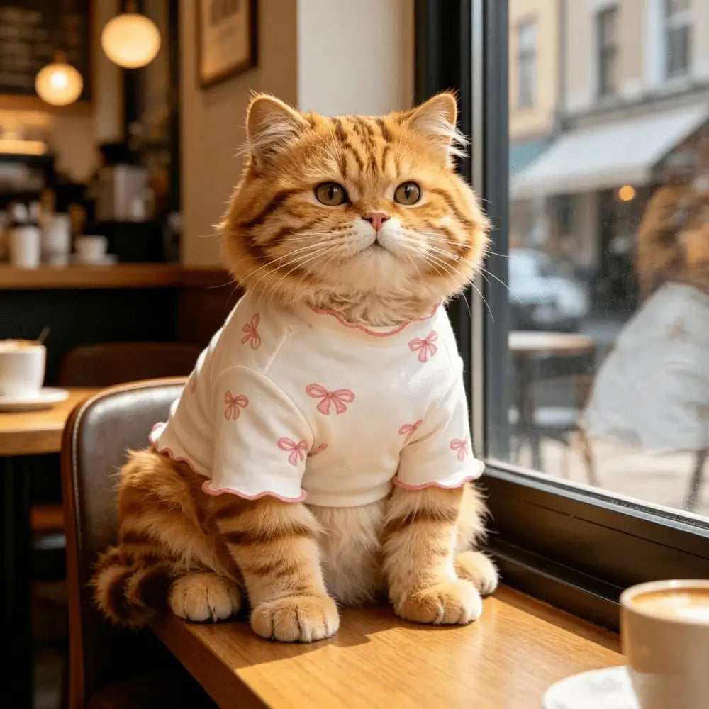 An orange tabby cat wearing a white knit sweater with pink bows, sitting on a wooden table.