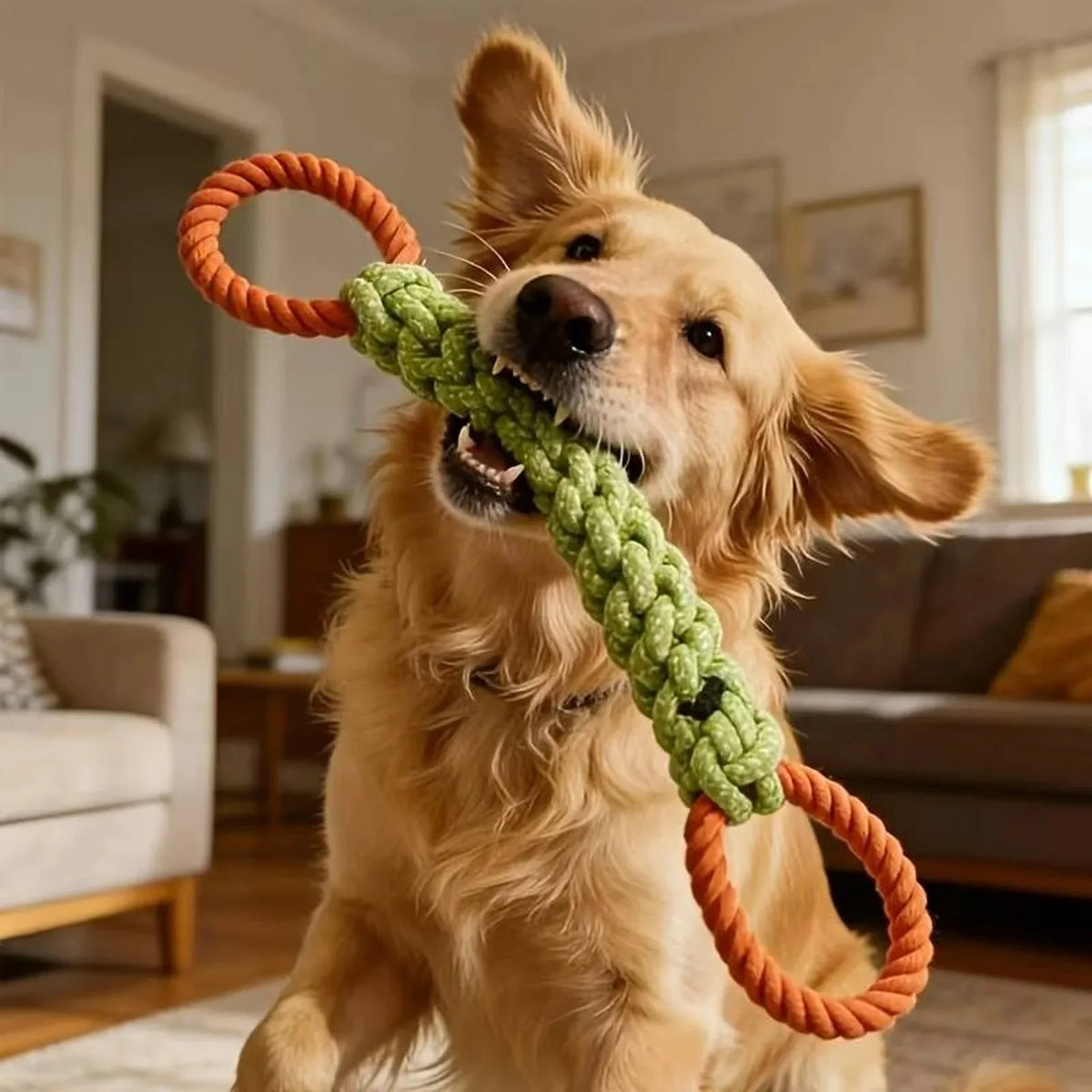 A golden retriever holds an orange and green rope toy in its mouth.
