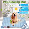 A golden retriever dog lying on a blue cooling mat with various features highlighted.