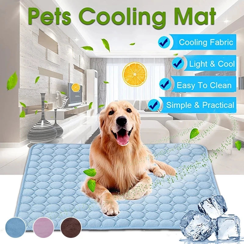 A golden retriever dog lying on a blue cooling mat with various features highlighted.
