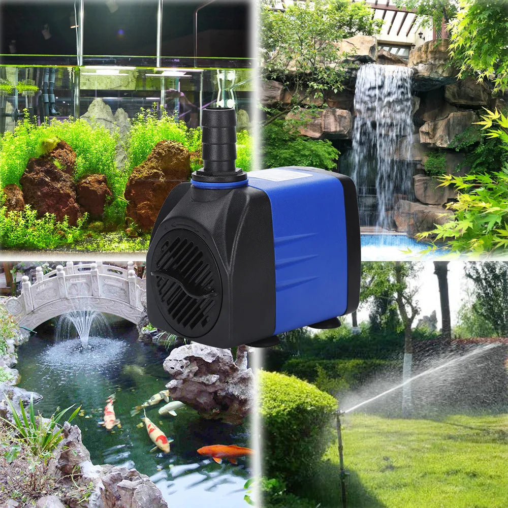 A black and blue submersible pump is shown in various contexts, including an aquarium, a waterfall, and a garden stream.