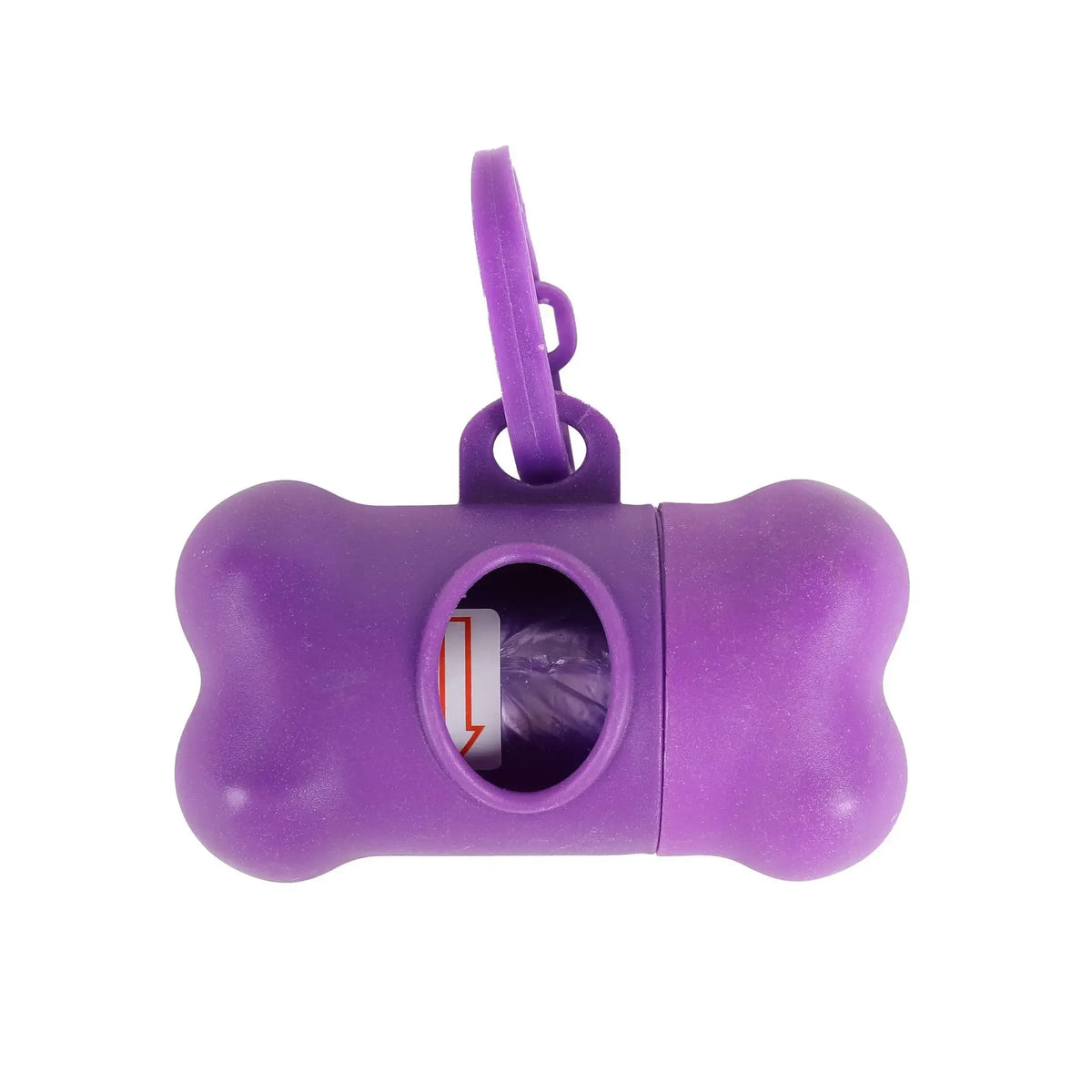 Purple bone-shaped dog waste bag dispenser with a purple clip.