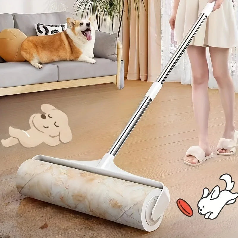 An extendable pet hair lint roller with a silver handle and beige roll is shown next to a dog and a white cat.