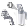 A reusable pet litter scoop in gray and white plastic with a mesh design and measuring markings.