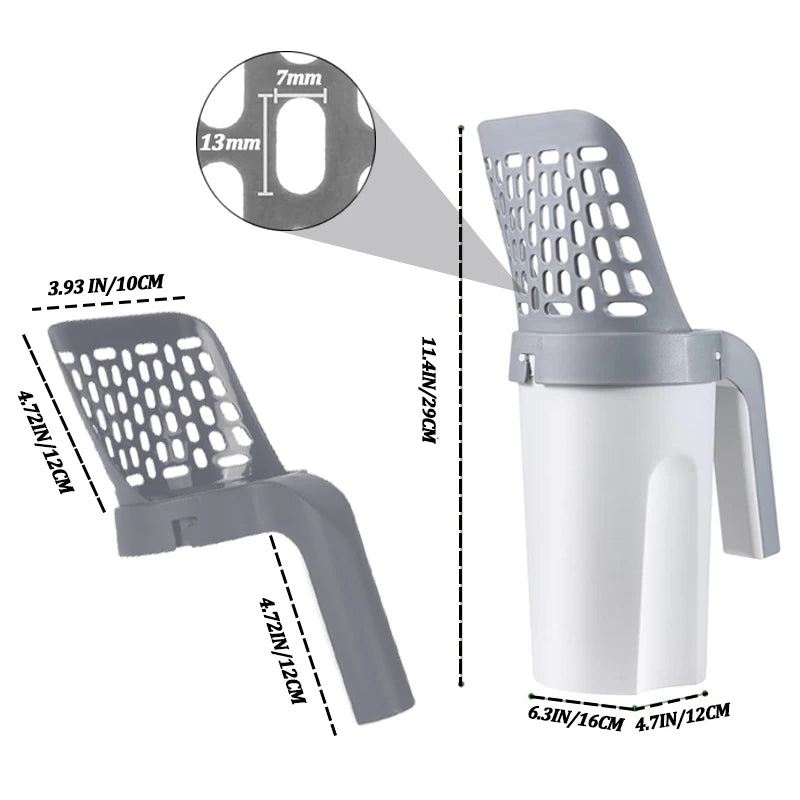 A reusable pet litter scoop in gray and white plastic with a mesh design and measuring markings.