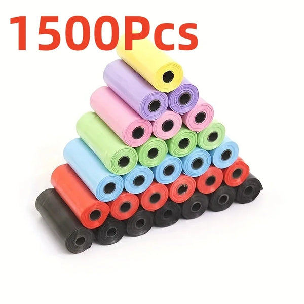 A stack of 15 rolls of reusable dog and cat poop bags in various pastel colors.