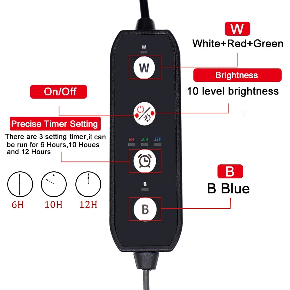 Iluminación LED para acuario sumergible negro con interruptor de encendido/apagado, control de brillo y temporizador.