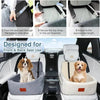 A beige dog car seat is shown installed in a car, with multiple views demonstrating its features and use.