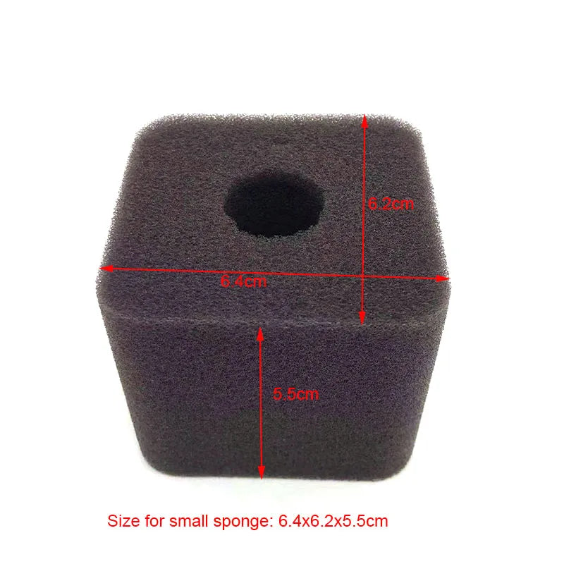 A dark gray, square bio sponge filter with dimensions 6.4x6.2x5.5 cm.