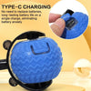A blue automatic rotating LED pet toy is shown with a close-up of its mechanism and a hand holding it.