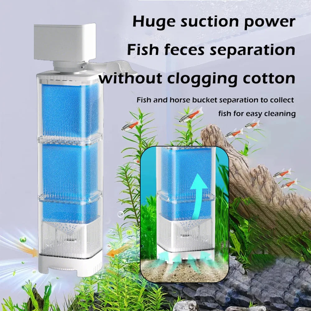 Pompe submersible blanche pour séparation et nettoyage des fèces de poissons, montrée dans un aquarium naturel.