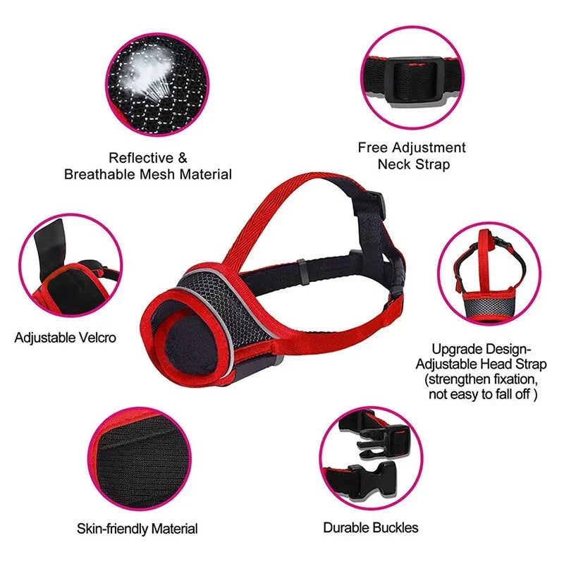 Adjustable reflective soft dog muzzle featuring breathable mesh material and durable buckles