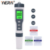 A white digital water quality meter with display options for TDS, pH, and temperature measurements.