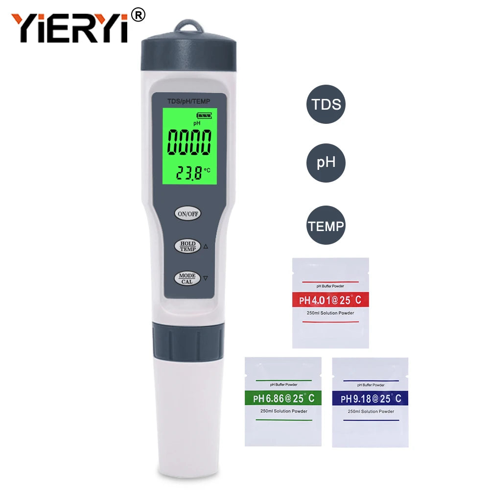 A white digital water quality meter with display options for TDS, pH, and temperature measurements.