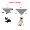 A size chart showing dimensions for small and medium dog bandanas, with examples of a black dog and a light-colored dog.