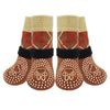 Pair of knitted dog socks with beige cuffs, brown body, and black trim and anti-slip rubber pads.