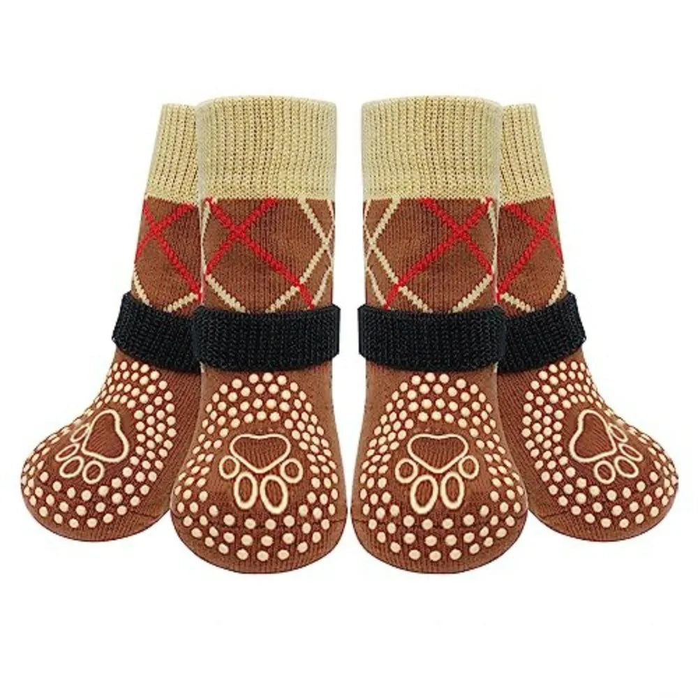 Pair of knitted dog socks with beige cuffs, brown body, and black trim and anti-slip rubber pads.