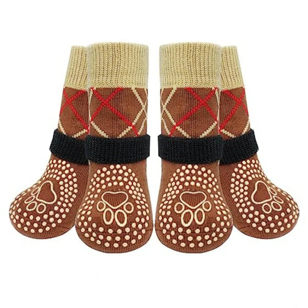 Pair of knitted dog socks with beige cuffs, brown body, and black trim and anti-slip rubber pads.