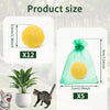 Yellow natural cat repellent balls shown in a clear bag with a potted plant and a cat.