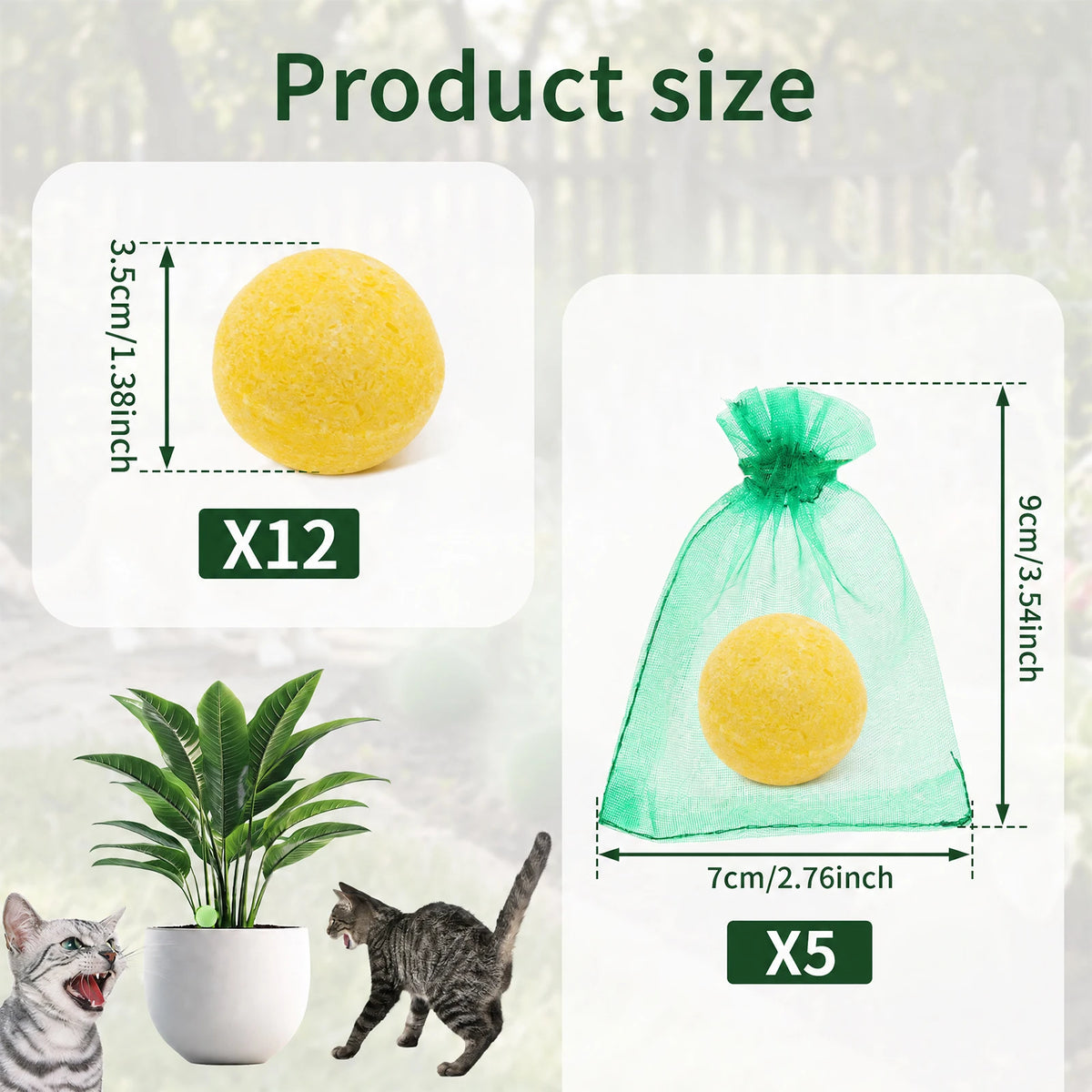 Yellow natural cat repellent balls shown in a clear bag with a potted plant and a cat.