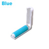 A white lint roller with a light blue roller cover for cleaning pet hair and dust.