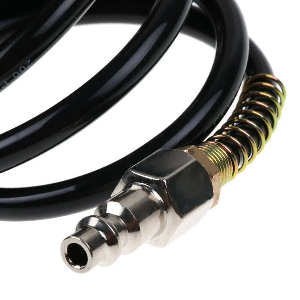 Black heavy-duty air compressor hose with a quick coupler and PE adapter visible.