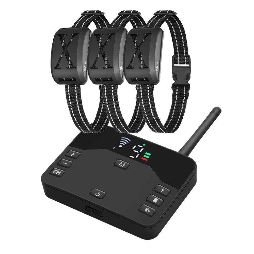 A black dual function dog training collar with a remote trainer and electric fence component.
