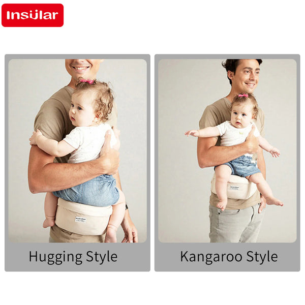 Two images showing a baby being carried in an Insular adjustable hip seat sling, demonstrating hugging and kangaroo styles.
