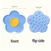 Front and flip side views of a blue silicone lick mat for dogs and cats