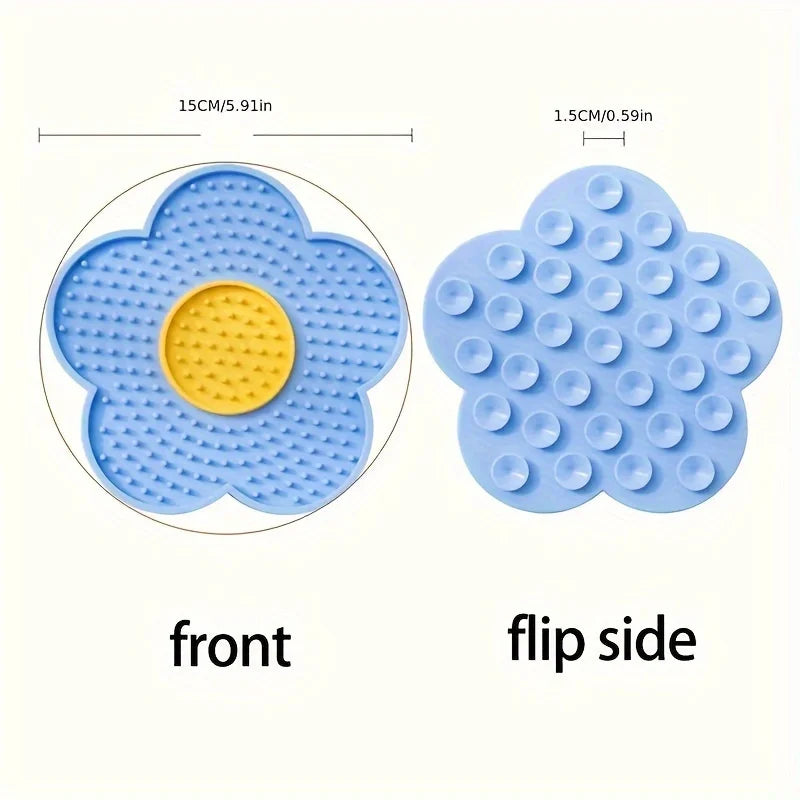 Front and flip side views of a blue silicone lick mat for dogs and cats