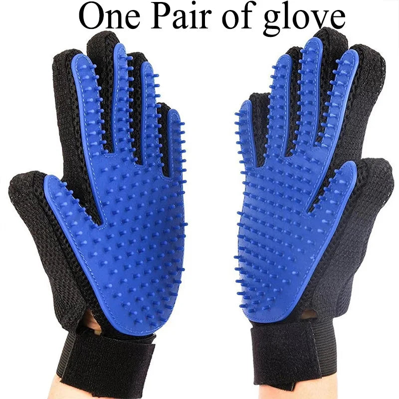 One pair of blue and black pet grooming hair remover gloves shown on a hand.