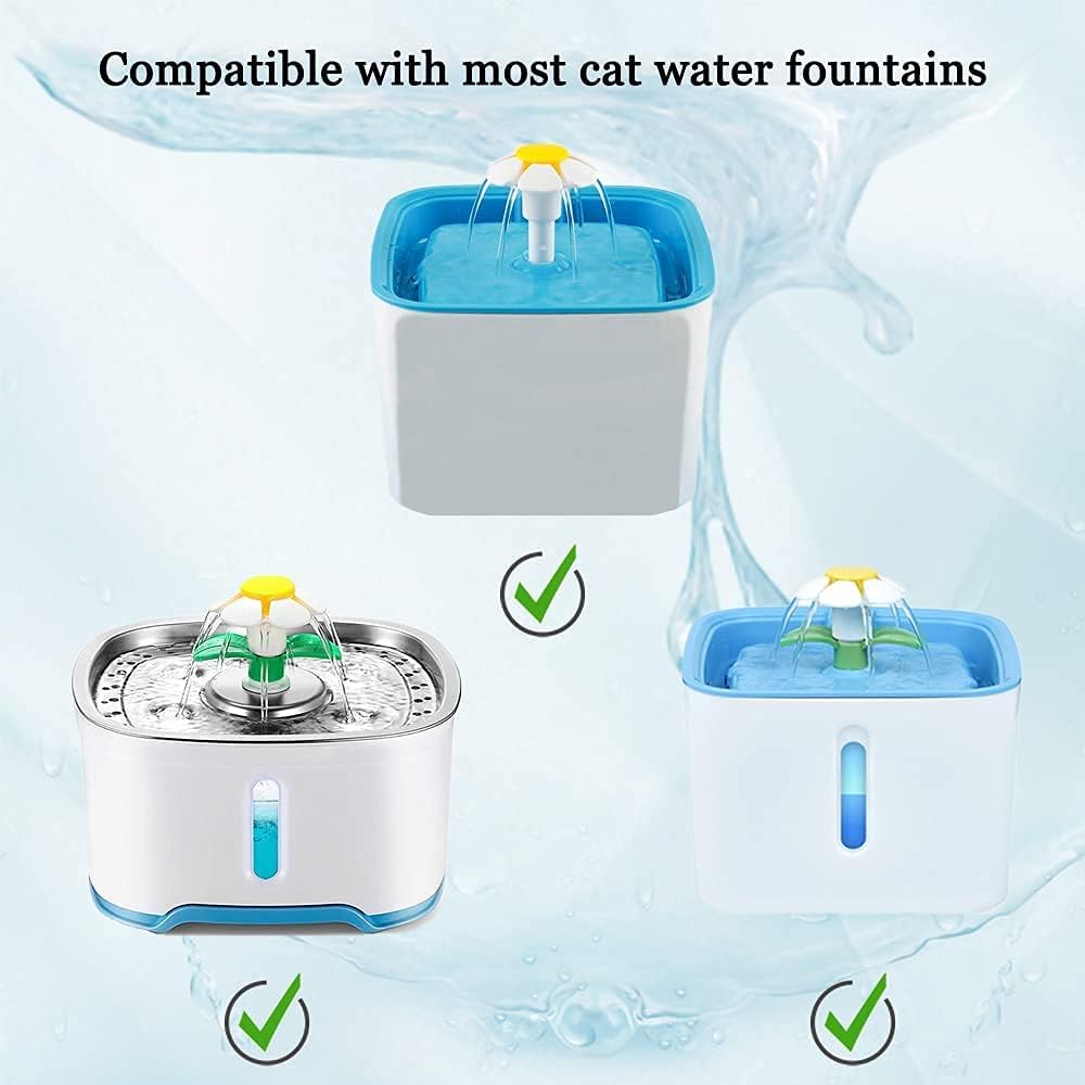 A white cat water fountain replacement filter is shown alongside a blue and white fountain, demonstrating compatibility with 