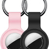 A pink silicone protective cover for an AirTag attached to a silver keychain ring.