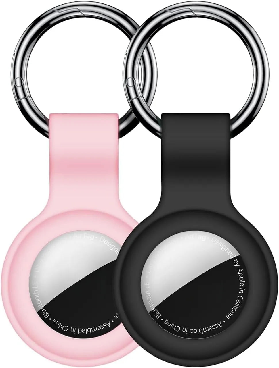 A pink silicone protective cover for an AirTag attached to a silver keychain ring.