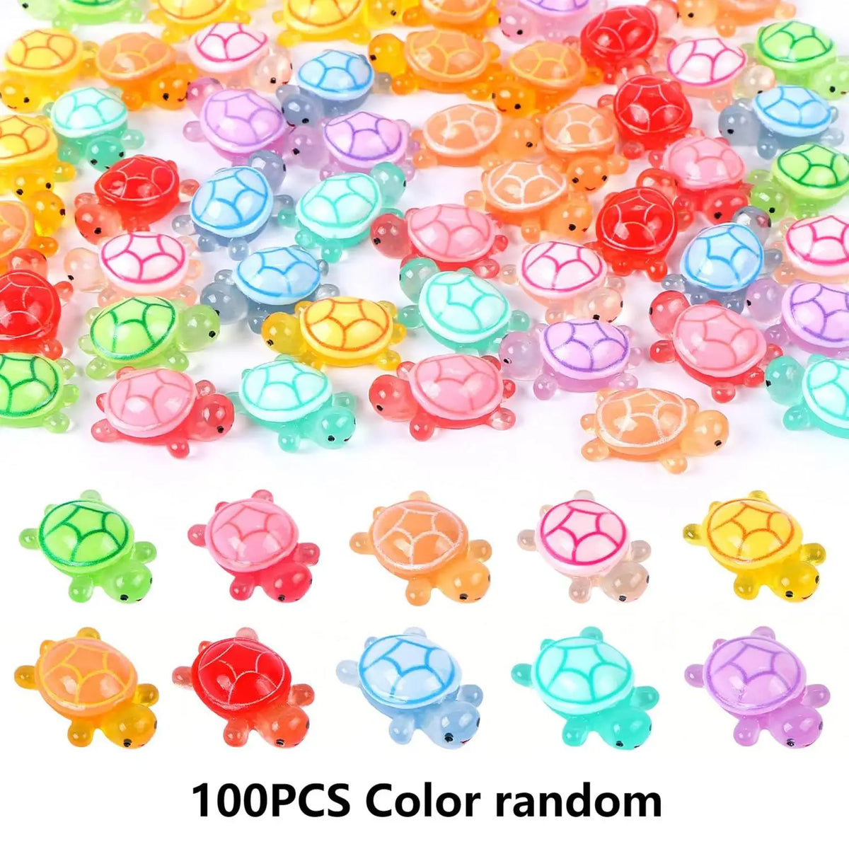 A collection of 100 colorful resin turtle ornaments in various shades and translucent colors for home decor