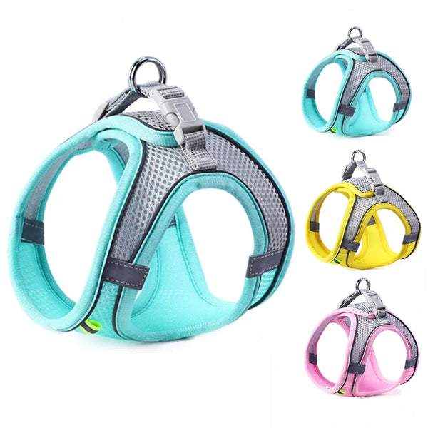 A set of reflective adjustable pet harnesses for dogs and cats in various colors including teal, yellow, and pink.