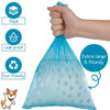 A hand is holding a blue reusable pet poop bag, demonstrating its thick and leak-proof features.
