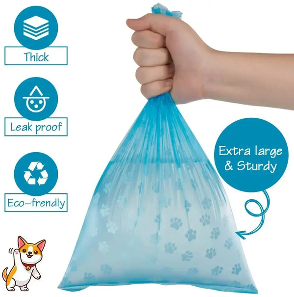A hand is holding a blue reusable pet poop bag, demonstrating its thick and leak-proof features.