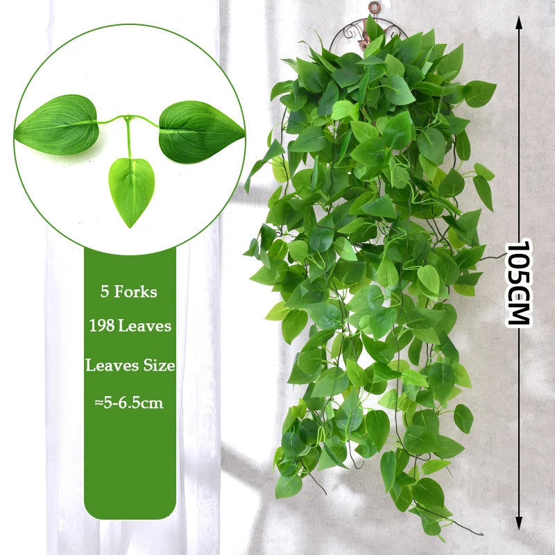 Artificial green ivy wall hanging vine featuring 5 forks and 198 leaves
