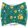 Green washable dog sanitary wraps featuring yellow paw prints and white dots.